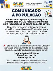 CRAS de Conquista D’Oeste oferece orientação para recuperação de senha da conta GOV.BR